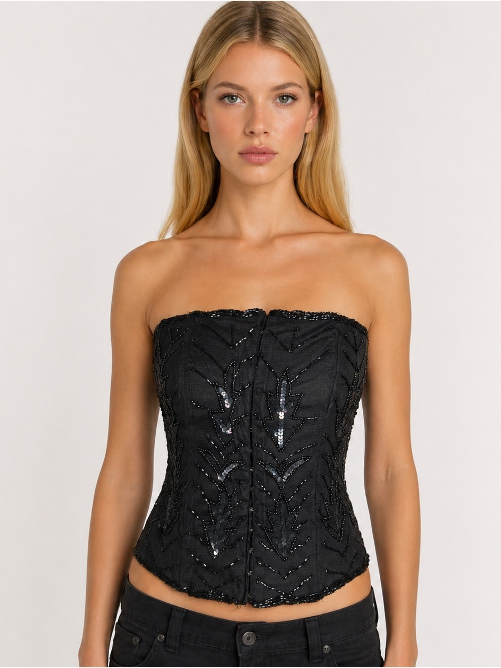 VTG Y2K Black Beaded Corset Top Wet Seal Sequin Grunge Goth Glam Punk Sz Small